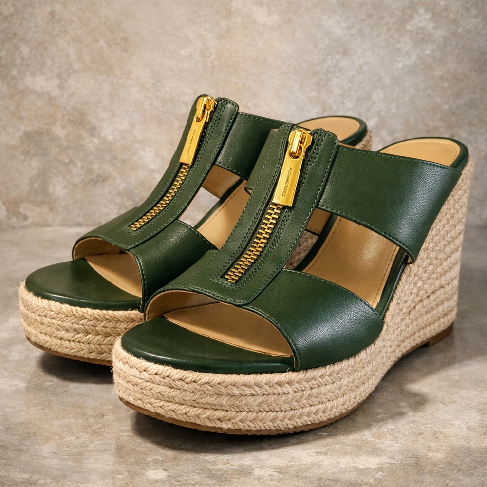 Michael Kors Dark Green Wedges with Gold Accents
